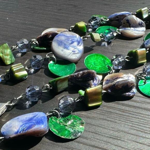 Vintage Abalone Shell Green Purple Glass Beaded Necklace Fashion Jewelry - Picture 5 of 9
